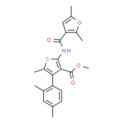 ChemSpider 2D Image | Methyl 2-[(2,5-dimethyl-3-furoyl)amino]-4-(2,4-dimethylphenyl)-5-methyl-3-thiophenecarboxylate | C22H23NO4S