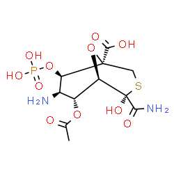 ChemSpider 2D Image | (1S,4R,5R,6R,7R,8R)-6-Acetoxy-7-amino-4-carbamoyl-4-hydroxy-8-(phosphonooxy)-9-oxa-3-thiabicyclo[3.3.1]nonane-1-carboxylic acid | C11H17N2O11PS