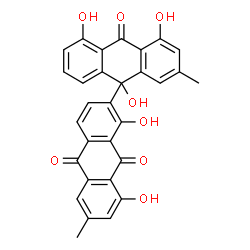 ChemSpider 2D Image | 1,4',5',8,9'-Pentahydroxy-2',6-dimethyl-2,9'-bianthracene-9,10,10'(9'H)-trione | C30H20O8