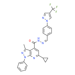 ChemSpider 2D Image | 6-Cyclopropyl-3-methyl-1-phenyl-N'-[(Z)-{4-[4-(trifluoromethyl)-1H-pyrazol-1-yl]phenyl}methylene]-1H-pyrazolo[3,4-b]pyridine-4-carbohydrazide | C28H22F3N7O