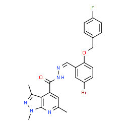ChemSpider 2D Image | N'-[(Z)-{5-Bromo-2-[(4-fluorobenzyl)oxy]phenyl}methylene]-1,3,6-trimethyl-1H-pyrazolo[3,4-b]pyridine-4-carbohydrazide | C24H21BrFN5O2