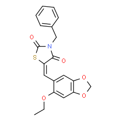 ChemSpider 2D Image | (5E)-3-Benzyl-5-[(6-ethoxy-1,3-benzodioxol-5-yl)methylene]-1,3-thiazolidine-2,4-dione | C20H17NO5S