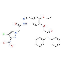 ChemSpider 2D Image | 2-{4-[(Z)-{[(4-Chloro-3-nitro-1H-pyrazol-1-yl)acetyl]hydrazono}methyl]-2-ethoxyphenoxy}-N,N-diphenylacetamide | C28H25ClN6O6