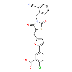 ChemSpider 2D Image | 2-Chloro-5-(5-{[3-(2-cyanobenzyl)-2,4-dioxo-1,3-thiazolidin-5-ylidene]methyl}-2-furyl)benzoic acid | C23H13ClN2O5S