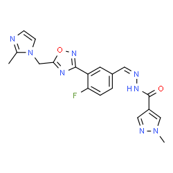 ChemSpider 2D Image | N'-[(Z)-(4-Fluoro-3-{5-[(2-methyl-1H-imidazol-1-yl)methyl]-1,2,4-oxadiazol-3-yl}phenyl)methylene]-1-methyl-1H-pyrazole-4-carbohydrazide | C19H17FN8O2