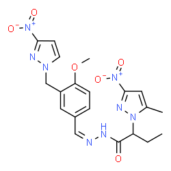 ChemSpider 2D Image | N'-[(Z)-{4-Methoxy-3-[(3-nitro-1H-pyrazol-1-yl)methyl]phenyl}methylene]-2-(5-methyl-3-nitro-1H-pyrazol-1-yl)butanehydrazide | C20H22N8O6