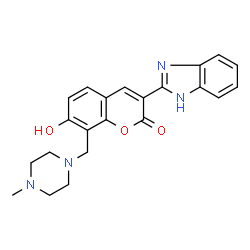 ChemSpider 2D Image | 3-(1H-Benzimidazol-2-yl)-7-hydroxy-8-[(4-methyl-1-piperazinyl)methyl]-2H-chromen-2-one | C22H22N4O3