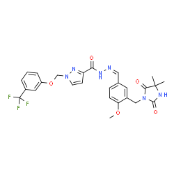 ChemSpider 2D Image | N'-[(Z)-{3-[(4,4-Dimethyl-2,5-dioxo-1-imidazolidinyl)methyl]-4-methoxyphenyl}methylene]-1-{[3-(trifluoromethyl)phenoxy]methyl}-1H-pyrazole-3-carbohydrazide | C26H25F3N6O5