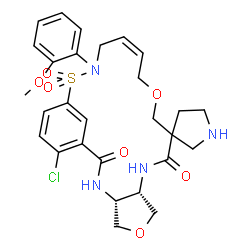 ChemSpider 2D Image | (4R,8S,15Z)-23-Chloro-18-(2-methoxyphenyl)-2H,10H-spiro[6,13-dioxa-19-thia-3,9,18-triazatricyclo[18.3.1.0~4,8~]tetracosa-1(24),15,20,22-tetraene-11,3'-pyrrolidine]-2,10-dione 19,19-dioxide | C28H33ClN4O7S