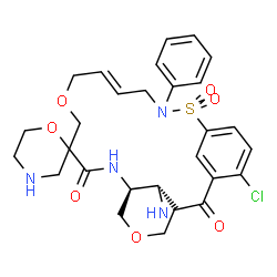 ChemSpider 2D Image | (4S,9S,16E)-24-Chloro-19-phenyl-2H,11H-spiro[7,14-dioxa-20-thia-3,10,19-triazatricyclo[19.3.1.0~4,9~]pentacosa-1(25),16,21,23-tetraene-12,2'-[1,4]oxazinane]-2,11-dione 20,20-dioxide | C28H33ClN4O7S
