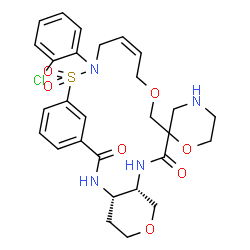 ChemSpider 2D Image | (4S,9S,16Z)-19-(2-Chlorophenyl)-2H,11H-spiro[7,14-dioxa-20-thia-3,10,19-triazatricyclo[19.3.1.0~4,9~]pentacosa-1(25),16,21,23-tetraene-12,2'-[1,4]oxazinane]-2,11-dione 20,20-dioxide | C28H33ClN4O7S