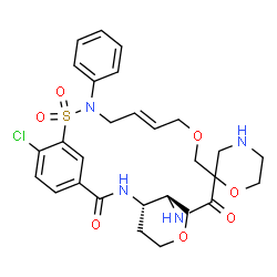 ChemSpider 2D Image | (4S,9S,16E)-22-Chloro-19-phenyl-2H,11H-spiro[7,14-dioxa-20-thia-3,10,19-triazatricyclo[19.3.1.0~4,9~]pentacosa-1(25),16,21,23-tetraene-12,2'-[1,4]oxazinane]-2,11-dione 20,20-dioxide | C28H33ClN4O7S