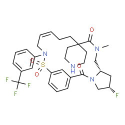 ChemSpider 2D Image | (5'S,7'S,14'Z)-5'-Fluoro-9'-methyl-17'-[3-(trifluoromethyl)phenyl]-2'H,10'H-spiro[piperidine-4,11'-[18]thia[3,9,17]triazatricyclo[17.3.1.0~3,7~]tricosa[1(23),14,19,21]tetraene]-2',10'-dione 18',18'-di
oxide | C31H36F4N4O4S