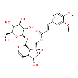 ChemSpider 2D Image | [(1aR,1bR,2R,5aS,6R,6aR)-2-(beta-L-Glucopyranosyloxy)-6-hydroxy-1b,5a,6,6a-tetrahydrooxireno[4,5]cyclopenta[1,2-c]pyran-1a(2H)-yl]methyl (2E)-3-(3,4-dimethoxyphenyl)acrylate | C26H32O13
