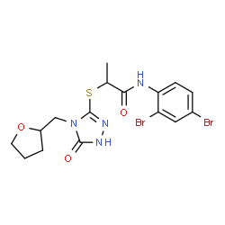 ChemSpider 2D Image | N-(2,4-Dibromophenyl)-2-{[5-oxo-4-(tetrahydro-2-furanylmethyl)-4,5-dihydro-1H-1,2,4-triazol-3-yl]sulfanyl}propanamide | C16H18Br2N4O3S