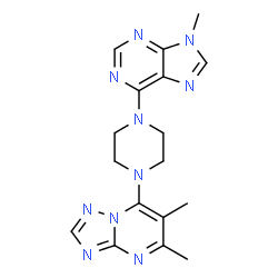 ChemSpider 2D Image | 5,6-Dimethyl-7-[4-(9-methyl-9H-purin-6-yl)-1-piperazinyl][1,2,4]triazolo[1,5-a]pyrimidine | C17H20N10