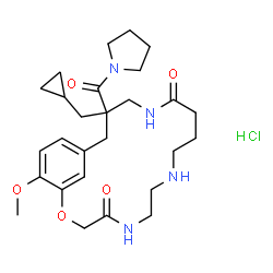 ChemSpider 2D Image | 15-(Cyclopropylmethyl)-20-methoxy-15-(1-pyrrolidinylcarbonyl)-2-oxa-5,8,13-triazabicyclo[15.3.1]henicosa-1(21),17,19-triene-4,12-dione hydrochloride (1:1) | C27H41ClN4O5