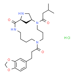 ChemSpider 2D Image | (1S,13S)-6-[3-(1,3-Benzodioxol-5-yl)propanoyl]-2-(3-methylbutanoyl)-2,6,11,14-tetraazabicyclo[11.2.1]hexadecan-12-one hydrochloride (1:1) | C27H41ClN4O5