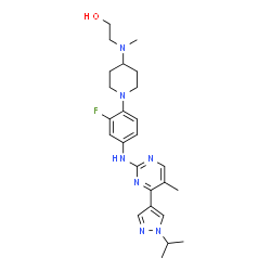 ChemSpider 2D Image | 2-{[1-(2-Fluoro-4-{[4-(1-isopropyl-1H-pyrazol-4-yl)-5-methyl-2-pyrimidinyl]amino}phenyl)-4-piperidinyl](methyl)amino}ethanol | C25H34FN7O