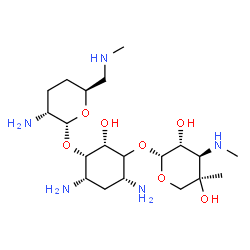 ChemSpider 2D Image | (1S,2S,4R,6S)-4,6-Diamino-3-{[3-deoxy-4-C-methyl-3-(methylamino)-beta-L-arabinopyranosyl]oxy}-2-hydroxycyclohexyl 2-amino-2,3,4,6-tetradeoxy-6-(methylamino)-alpha-D-erythro-hexopyranoside | C20H41N5O7