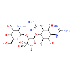 ChemSpider 2D Image | 1,1'-[(1R,2R,3S,4R,5R,6S)-4-({5-Deoxy-2-O-[2-deoxy-2-(methylamino)-beta-L-altropyranosyl]-3-C-formyl-alpha-D-lyxofuranosyl}oxy)-2,5,6-trihydroxy-1,3-cyclohexanediyl]diguanidine | C21H39N7O12