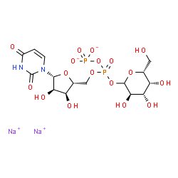 ChemSpider 2D Image | Disodium {[({[(2R,3S,4R,5R)-5-(2,4-dioxo-3,4-dihydro-1(2H)-pyrimidinyl)-3,4-dihydroxytetrahydro-2-furanyl]methoxy}{[(3R,4S,5R,6R)-3,4,5-trihydroxy-6-(hydroxymethyl)tetrahydro-2H-pyran-2-yl]oxy}phospho
ryl)oxy]phosphoryl}dioxidanide (non-preferred name) | C15H22N2Na2O17P2