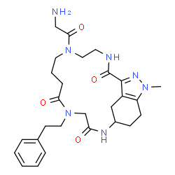 ChemSpider 2D Image | 6-(Aminoacetyl)-19-methyl-11-(2-phenylethyl)-3,6,11,14,19,20-hexaazatricyclo[13.5.2.0~18,21~]docosa-1(20),18(21)-diene-2,10,13-trione | C27H37N7O4