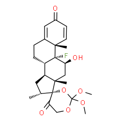 ChemSpider 2D Image | (8S,9R,10S,11S,13S,14S,16R,17R)-9-Fluoro-11-hydroxy-2',2'-dimethoxy-10,13,16-trimethyl-7,8,9,10,11,12,13,14,15,16-decahydro-5'H-spiro[cyclopenta[a]phenanthrene-17,4'-[1,3]dioxane]-3,5'(6H)-dione | C25H33FO7