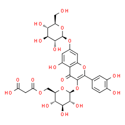ChemSpider 2D Image | 2-(3,4-Dihydroxyphenyl)-7-(beta-D-glucopyranosyloxy)-5-hydroxy-4-oxo-4H-chromen-3-yl 6-O-(carboxyacetyl)-beta-D-glucopyranoside | C30H32O20