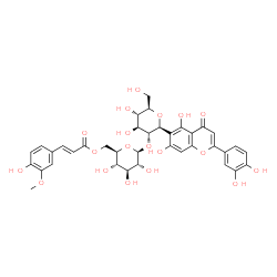 ChemSpider 2D Image | 2-(3,4-Dihydroxyphenyl)-5,7-dihydroxy-6-[2-O-[6-O-[(2E)-3-(4-hydroxy-3-methoxyphenyl)-1-oxo-2-propen-1-yl]-Î²-D-glucopyranosyl]-Î²-D-glucopyranosyl]-4H-1-benzopyran-4-one | C37H38O19