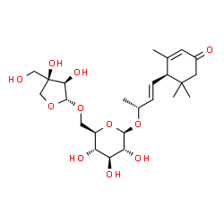 ChemSpider 2D Image | (2R,3E)-4-[(1R)-2,6,6-Trimethyl-4-oxo-2-cyclohexen-1-yl]-3-buten-2-yl 6-O-[(2R,3R,4R)-3,4-dihydroxy-4-(hydroxymethyl)tetrahydro-2-furanyl]-beta-D-glucopyranoside | C24H38O11