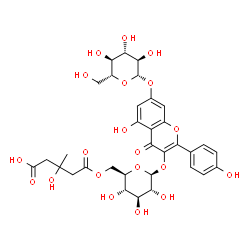 ChemSpider 2D Image | 7-(beta-D-Glucopyranosyloxy)-5-hydroxy-2-(4-hydroxyphenyl)-4-oxo-4H-chromen-3-yl 6-O-(4-carboxy-3-hydroxy-3-methylbutanoyl)-beta-D-glucopyranoside | C33H38O20