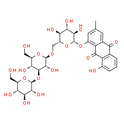 ChemSpider 2D Image | 8-Hydroxy-3-methyl-9,10-dioxo-9,10-dihydro-1-anthracenyl beta-D-glucopyranosyl-(1->3)-beta-D-glucopyranosyl-(1->6)-beta-D-glucopyranoside | C33H40O19