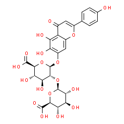 ChemSpider 2D Image | 5,6-Dihydroxy-2-(4-hydroxyphenyl)-4-oxo-4H-chromen-7-yl 2-O-beta-D-glucopyranuronosyl-beta-D-glucopyranosiduronic acid | C27H26O18