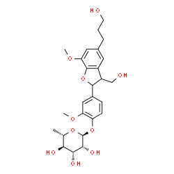 ChemSpider 2D Image | 4-[3-(Hydroxymethyl)-5-(3-hydroxypropyl)-7-methoxy-2,3-dihydro-1-benzofuran-2-yl]-2-methoxyphenyl 6-deoxy-alpha-L-mannopyranoside | C26H34O10