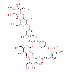 ChemSpider 2D Image | 7-{[4-O-(beta-D-Glucopyranosyl)-beta-D-glucopyranosyl]oxy}-5-hydroxy-2-(4-hydroxyphenyl)-4-oxo-4H-chromen-3-yl 2-O-{2-O-[(2E)-3-(4-hydroxy-3-methoxyphenyl)-2-propenoyl]-beta-D-glucopyranosyl}-beta-D-g
lucopyranoside | C49H58O29