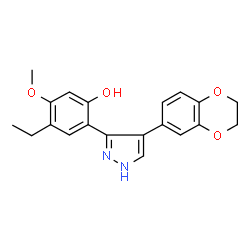 ChemSpider 2D Image | 2-[4-(2,3-Dihydro-1,4-benzodioxin-6-yl)-1H-pyrazol-3-yl]-4-ethyl-5-methoxyphenol | C20H20N2O4