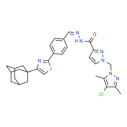 ChemSpider 2D Image | N'-[(Z)-{4-[4-(Adamantan-1-yl)-1,3-thiazol-2-yl]phenyl}methylene]-1-[(4-chloro-3,5-dimethyl-1H-pyrazol-1-yl)methyl]-1H-pyrazole-3-carbohydrazide | C30H32ClN7OS