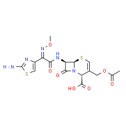ChemSpider 2D Image | (2R,6R,7R)-3-(Acetoxymethyl)-7-{[(2Z)-2-(2-amino-1,3-thiazol-4-yl)-2-(methoxyimino)acetyl]amino}-8-oxo-5-thia-1-azabicyclo[4.2.0]oct-3-ene-2-carboxylic acid | C16H17N5O7S2