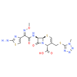 ChemSpider 2D Image | (2R,6R,7R)-7-{[(2Z)-2-(2-Amino-1,3-thiazol-4-yl)-2-(methoxyimino)acetyl]amino}-3-{[(1-methyl-1H-tetrazol-5-yl)sulfanyl]methyl}-8-oxo-5-thia-1-azabicyclo[4.2.0]oct-3-ene-2-carboxylic acid | C16H17N9O5S3