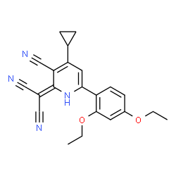ChemSpider 2D Image | [3-Cyano-4-cyclopropyl-6-(2,4-diethoxyphenyl)-2(1H)-pyridinylidene]malononitrile | C22H20N4O2