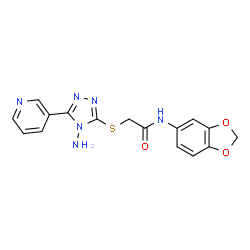 ChemSpider 2D Image | 2-{[4-Amino-5-(3-pyridinyl)-4H-1,2,4-triazol-3-yl]sulfanyl}-N-(1,3-benzodioxol-5-yl)acetamide | C16H14N6O3S