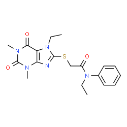 ChemSpider 2D Image | N-Ethyl-2-[(7-ethyl-1,3-dimethyl-2,6-dioxo-2,3,6,7-tetrahydro-1H-purin-8-yl)sulfanyl]-N-phenylacetamide | C19H23N5O3S
