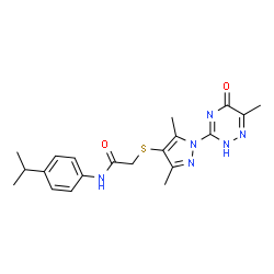 ChemSpider 2D Image | 2-{[3,5-Dimethyl-1-(6-methyl-5-oxo-2,5-dihydro-1,2,4-triazin-3-yl)-1H-pyrazol-4-yl]sulfanyl}-N-(4-isopropylphenyl)acetamide | C20H24N6O2S
