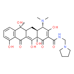 ChemSpider 2D Image | (4S,4aS,6S,12aS)-4-(Dimethylamino)-3,6,10,12,12a-pentahydroxy-6-methyl-1,11-dioxo-N-(1-pyrrolidinylmethyl)-1,4,4a,5,5a,6,11,12a-octahydro-2-tetracenecarboxamide | C27H33N3O8