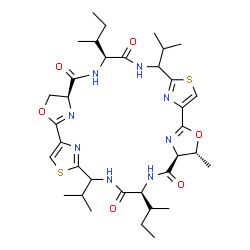 ChemSpider 2D Image | (4R,5S,8S,19S,22S)-8,22-Di[(2R)-2-butanyl]-11,25-diisopropyl-4-methyl-3,17-dioxa-13,27-dithia-7,10,21,24,29,30,31,32-octaazapentacyclo[24.2.1.1~2,5~.1~12,15~.1~16,19~]dotriaconta-1(28),2(32),12(31),14
,16(30),26(29)-hexaene-6,9,20,23-tetrone | C35H50N8O6S2