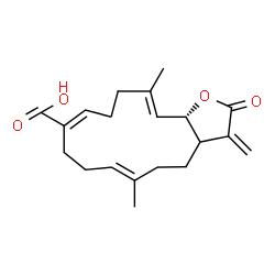 ChemSpider 2D Image | (6E,10E,14E,15aS)-6,14-Dimethyl-3-methylene-2-oxo-2,3,3a,4,5,8,9,12,13,15a-decahydrocyclotetradeca[b]furan-10-carboxylic acid | C20H26O4