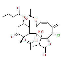 ChemSpider 2D Image | (3aR,4S,6Z,8S,8aR,9S,12R,12aS,13S)-8,13-Diacetoxy-4-chloro-13a-hydroxy-1,8a,12-trimethyl-5-methylene-2,11-dioxo-1,2,3a,4,5,8,8a,9,10,11,12,12a,13,13a-tetradecahydrobenzo[4,5]cyclodeca[1,2-b]furan-9-yl
 butyrate | C28H37ClO10