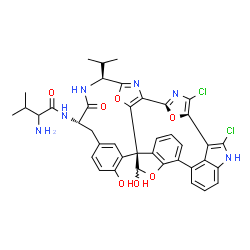 ChemSpider 2D Image | N-[(10S,13S,20R)-3,35-Dichloro-18,21-dihydroxy-10-isopropyl-12-oxo-8,22,39-trioxa-4,11,34,38-tetraazanonacyclo[27.6.1.1~2,5~.1~6,9~.1~15,19~.0~7,20~.0~20,24~.0~23,28~.0~33,36~]nonatriaconta-1(35),2,4,
6,9(38),15(37),16,18,23,25,27,29(36),30,32-tetradecaen-13-yl]valinamide | C40H36Cl2N6O7