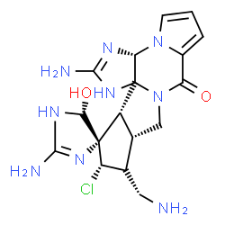 ChemSpider 2D Image | (3aR,10aS,11S,13S,13aR)-2,2'-Diamino-11-(aminomethyl)-12-chloro-5'-hydroxy-1',3,3a,5',10a,11,12,13a-octahydro-8H,10H-spiro[cyclopenta[3,4]pyrrolo[1,2-a]imidazo[4,5-b]pyrrolo[1,2-d]pyrazine-13,4'-imida
zol]-8-one | C17H22ClN9O2